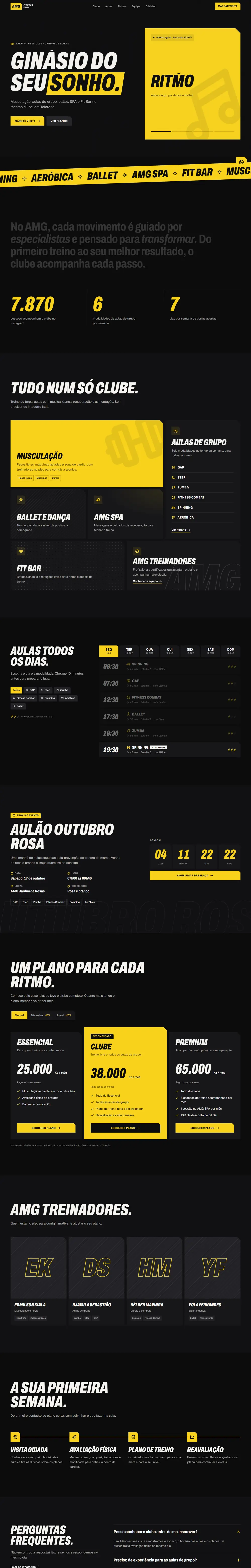 Site da AMG Fitness Club no computador, do topo ao rodapé