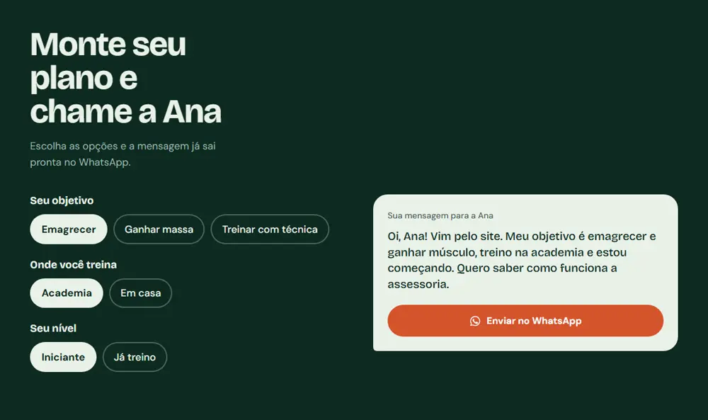 Formulário que monta a mensagem no site da Ana Bedori