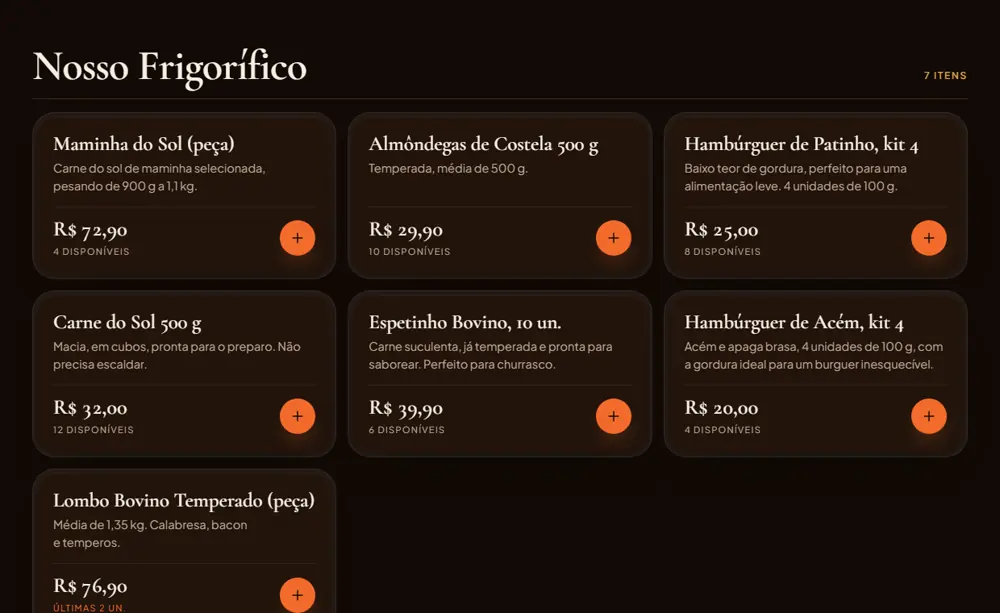 Cardápio com preços e botão de adicionar no site Gente que Ama Roça